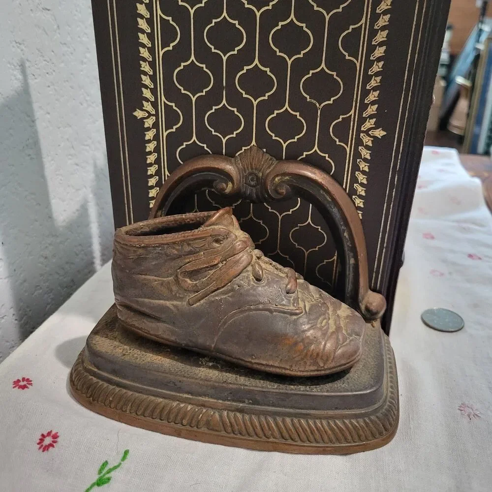 Vintage or Antique Baby Shoe Bookends Doorstop Bronze Heavy patina